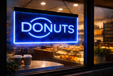 Neon sign with 'DONUTS' text in a bakery window