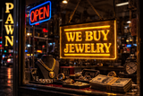 Jewelry store window with 'We Buy Jewelry' sign and various jewelry items.