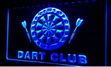 A blue LED sign featuring a silhouette of a dartboard with the text 'DART CLUB' below it.