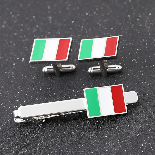 Italian Flag Tie Bar Cuff Links Set - Italy