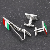 Italian Flag Tie Bar Cuff Links Set - Italy