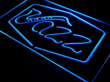 Blue Jazz LED sign with a saxophone forming the letter J inside an engraved border