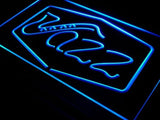 Blue LED lighted sign in the shape of a saxophone and the text 'JAZZ' on a dark background.