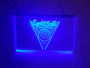 Eight Ball LED sign glowing blue with an 8 ball inside a triangle rack on an acrylic panel